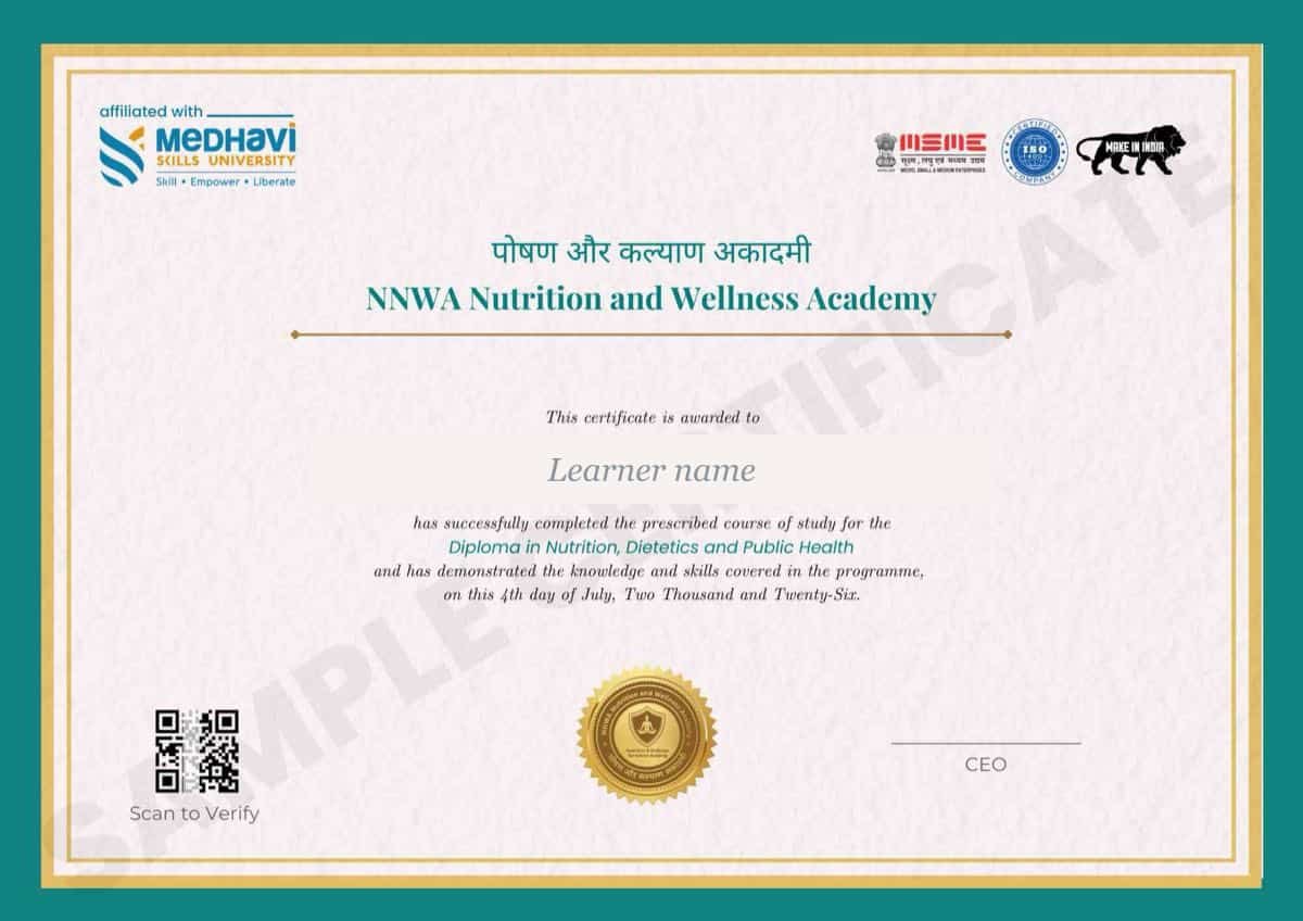 Specimen NNWA certificate for the Diploma in Nutrition, Dietetics and Public Health, showing the Medhavi Skills University affiliation